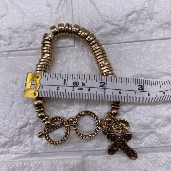 Gold Tone Cross Charm Stretch Bracelet With Toggle & Rhinestone Accents - Picture 4 of 8
